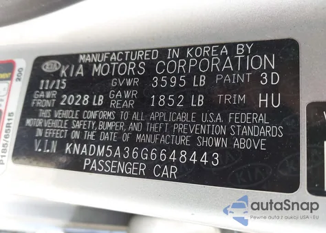 2016 Kia Rio Lx from USA, damaged, VIN KNADM5A36G6648443